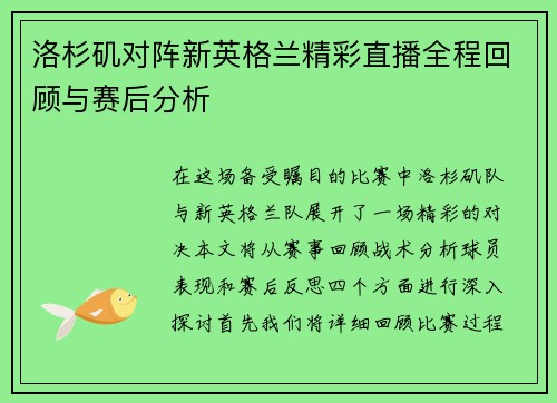 洛杉矶对阵新英格兰精彩直播全程回顾与赛后分析